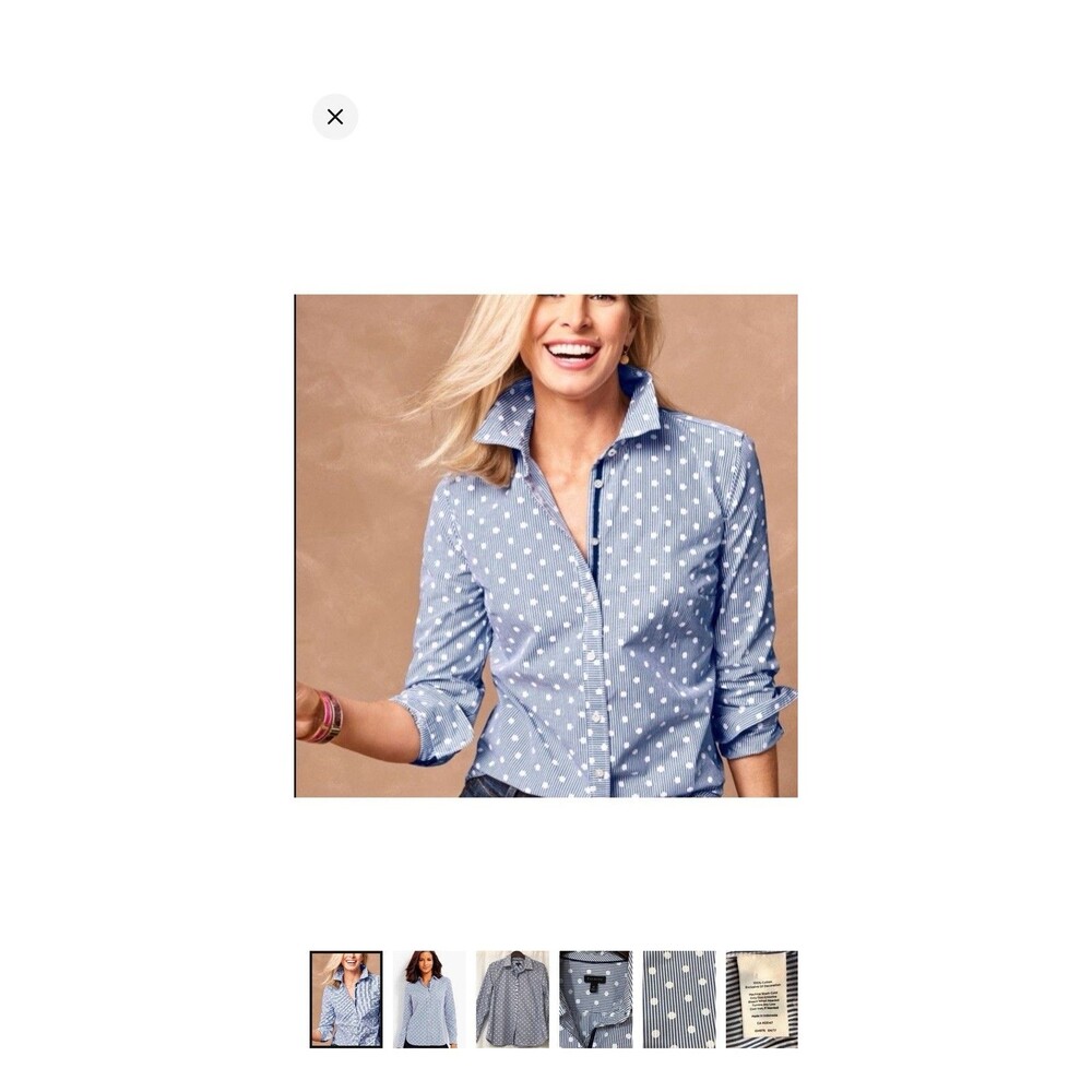 Talbots Womens P Blue White Polka Dot Striped Wrinkle Resistant Button Up Shirt